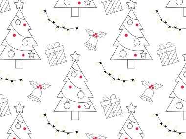 El yapımı Noel deseninde ağaçlar, hediyeler, çanlar ve ışıklar beyaz bir zemin üzerinde sergileniyor. Tatil temalı projeler ve kopya alanı olan yaratıcı tasarımlar için ideal.