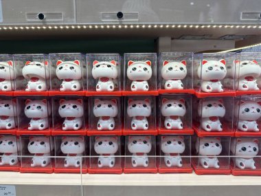 Varşova, Polonya - 18 Aralık 2025: Şirin beyaz kedi heykelcikleri, tapılası özelliklerini ve canlı renklerini vurgulayarak raftaki temiz kutulara yerleştirilmiştir.