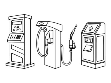 Resimlerde üç tip yakıt dağıtıcısı yer alıyor: bir benzin pompası, bir elektrik şarj istasyonu ve yakıt ikmali için bir ödeme büfesi.