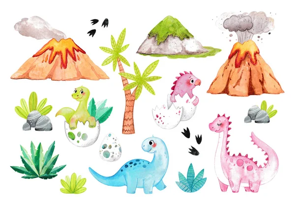 물총새와 화산으로 이루어진 귀여운 공룡의 그림은 아이들 장식하고 엽서나 스티커를 — 스톡 사진