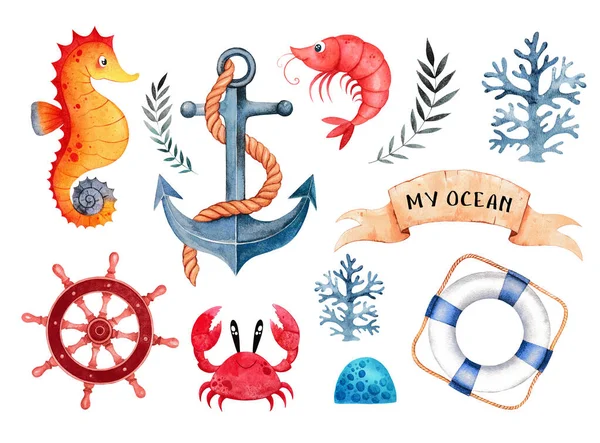 Ocean Underwater Life Watercolor Set Children Illustrations Ocean Textiles Postcards — Stock Photo, Image