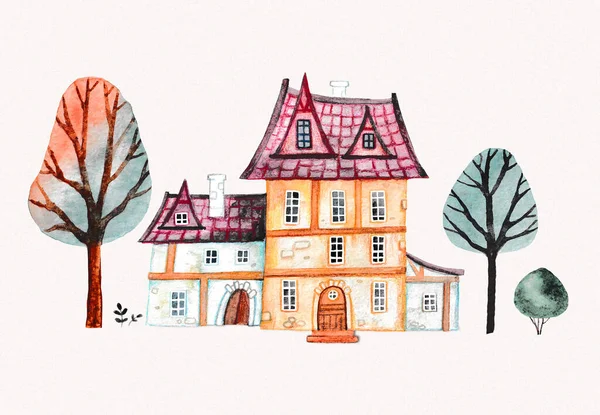 Old House Watercolour Illustration Street House Trees Postcard — Stock Photo, Image