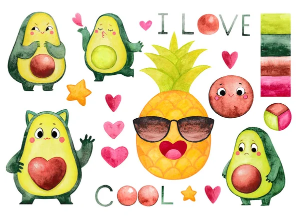 Watercolor set of avocado and pineapple. The set is ideal for stickers and postcards. Cool pineapple. Summer