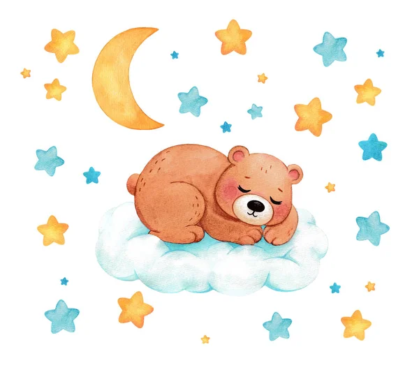 Spící Medvídě Namalované Akvarelem Pěkná Ilustrace Spící Zvíře Dekorace Dětský — Stock fotografie