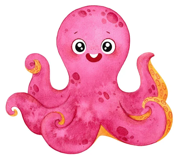 Cute Octopus Octopus Drawn Watercolor Pink Tentacles Fuchsia Children Illustration — Foto de Stock
