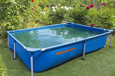 Havuz, kır evindeki bahçeye kuruldu. Havuz suyla dolu..