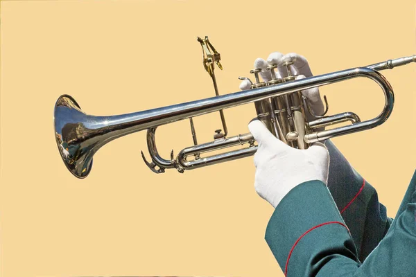 Fragment Trumpet Och Händer Vita Handskar Isolera Ljus Bakgrund Stockbild