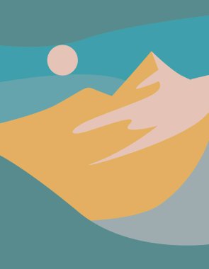 Soyut modern estetik arka plan, sarı dağlı manzara. Topraksı tonlar, pastel tonlar. Boho tarzı duvar dekoru. Modern minimalist sanat baskısı. Düz tasarım