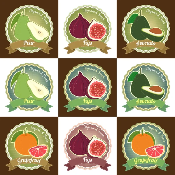 Conjunto de varias frutas frescas etiqueta de calidad superior etiqueta etiqueta etiqueta engomada y diseño del logotipo — Archivo Imágenes Vectoriales