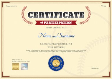 Ödülü çelenk ile beyzbol spor tema şablonunda katılım belgesi