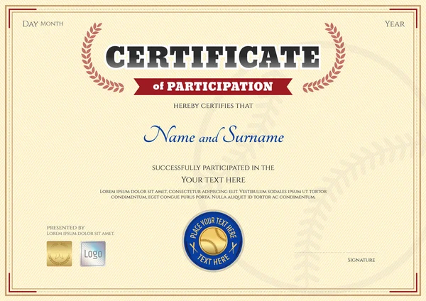 Plantilla de certificado de participación en el tema del deporte de béisbol con corona de premios — Archivo Imágenes Vectoriales