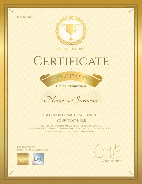 Portre sertifika altın Tema ödül kupa ile katılım mühür — Stok Vektör