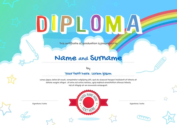 Certificado de diploma de crianças coloridas em estilo cartoon com chuva céu — Vetor de Stock