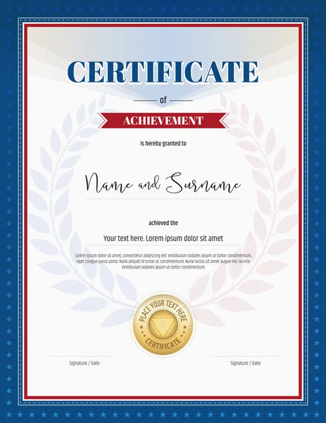 Kırmızı ve mavi sınır, defne backgroud ve altın mühür başarı şablonunun sertifika