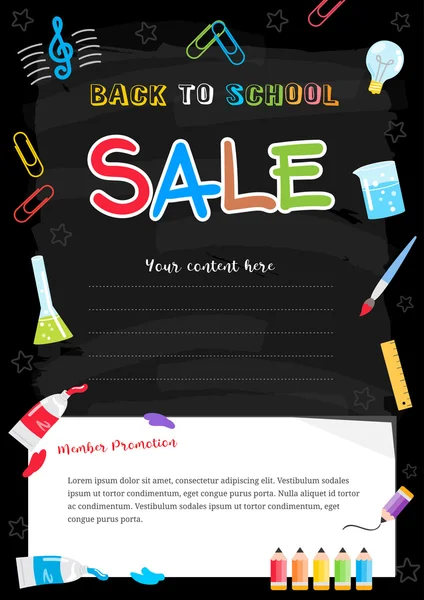 Affiche de vente de retour à l'école colorée sur le thème du tableau avec des éléments de peinture — Image vectorielle