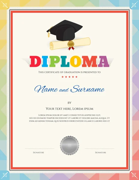 Colorful school kid diploma certificate template in modern style with graduation cap, certificate document and seal — Stock Vector