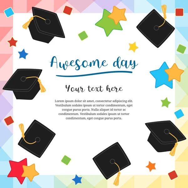 Podziałka kolorowy dzień ilustracja karta Projektowanie z latania graduation czapki — Wektor stockowy