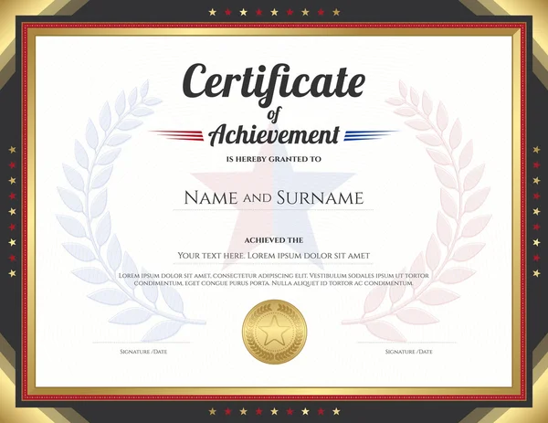 Certificate of achievement template with gold border theme and awarded wreath and star background — Stock Vector