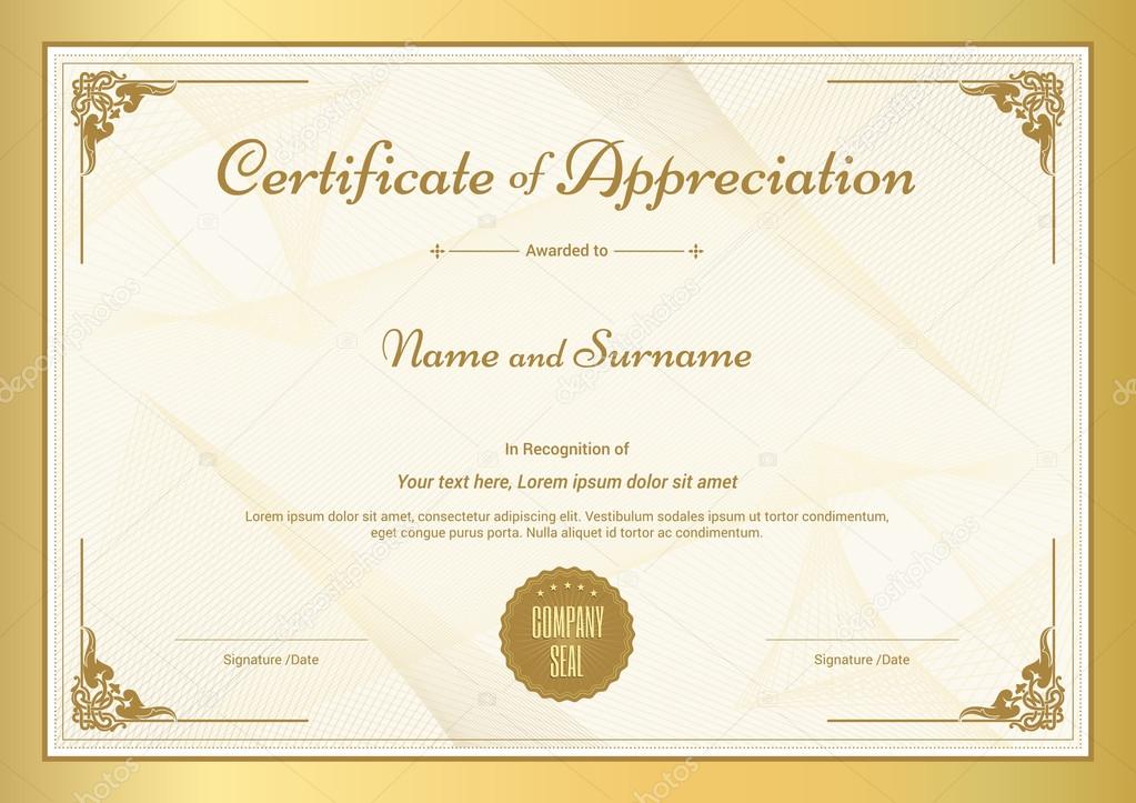 Certificate Of Appreciation Template With Vintage Gold Border