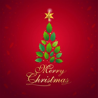Grafik Noel ağacı ve vektör illüstrasyonunda altın yıldızlı mutlu noel kartları