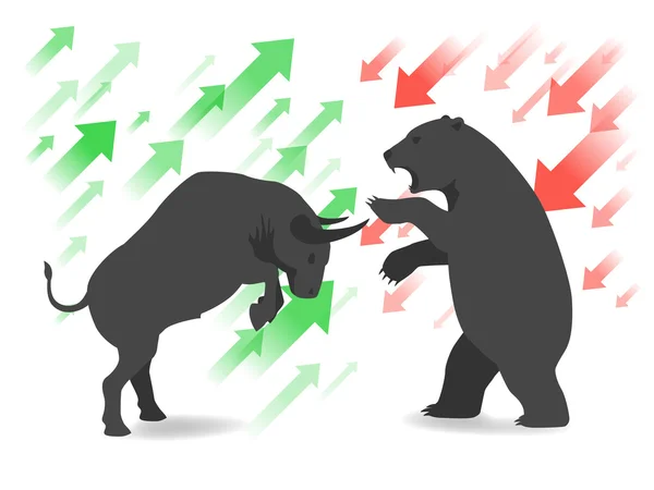 Concept de marché boursier taureau vs ours sont confrontés et se battent sur blanc — Image vectorielle