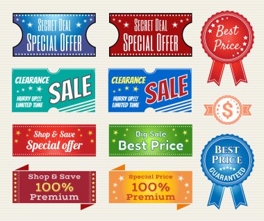Retro promosyon indirim satışı ayarla ve etiket afiş la garanti