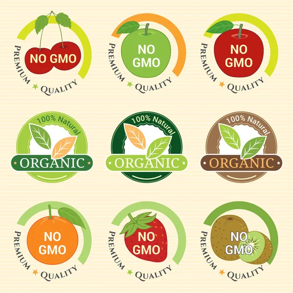 Sans OGM Non OGM et étiquette de garantie biologique étiquette emblème autocollant — Image vectorielle