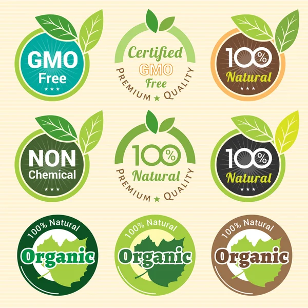 Gmo free non gmo und organische Garantie Etikett Emblem Aufkleber — Stockvektor