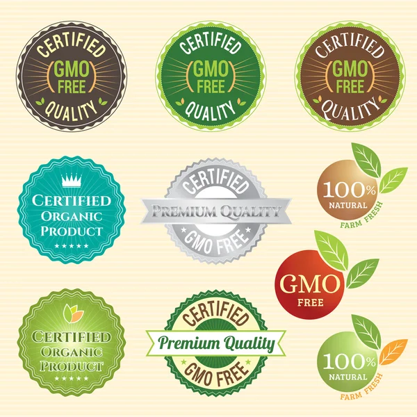 GMO Free Non GMO y etiqueta de garantía orgánica emblema de la etiqueta sti — Vector de stock