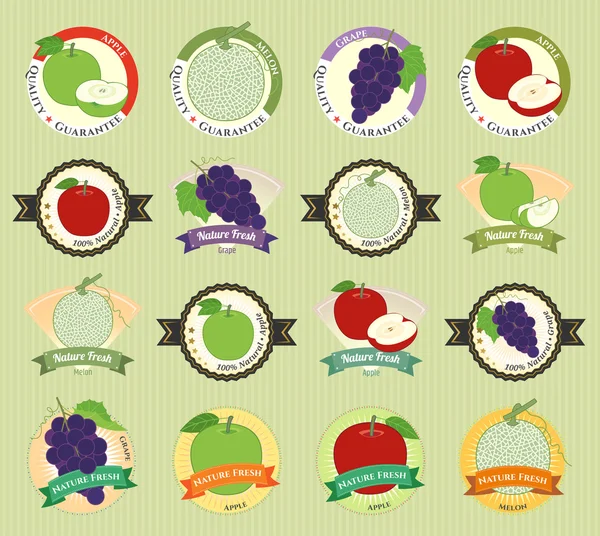 Conjunto de varias frutas y verduras frescas de alta calidad etiqueta de laboratorio — Vector de stock