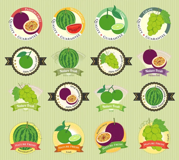 一整套各种新鲜水果和蔬菜保费质量标记实验室 — 图库矢量图片