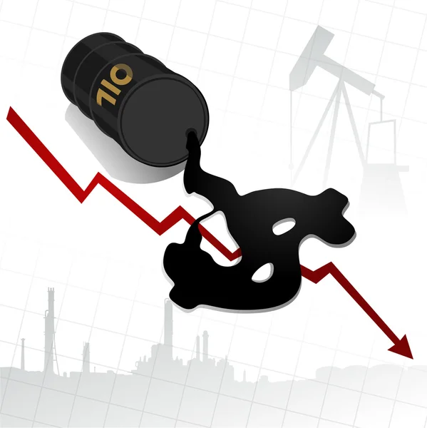 Preisverfall bei Rohöl abstrakte Illustration mit ausgetretenem Öl aus Barrel Form des Dollarzeichens — Stockvektor