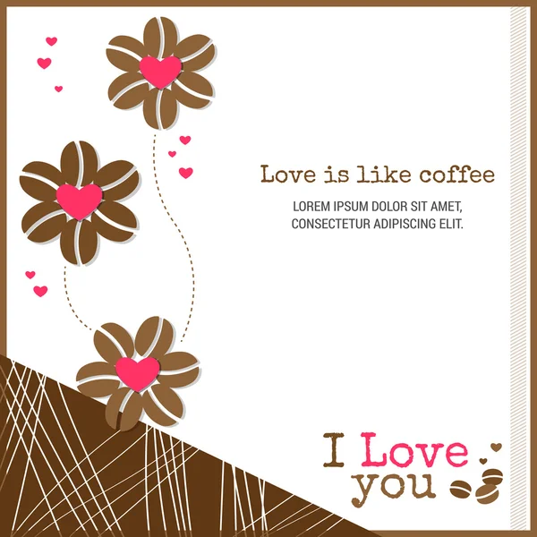 El amor es como banner de fondo de tarjeta de café con corazón y flor de grano de café — Vector de stock