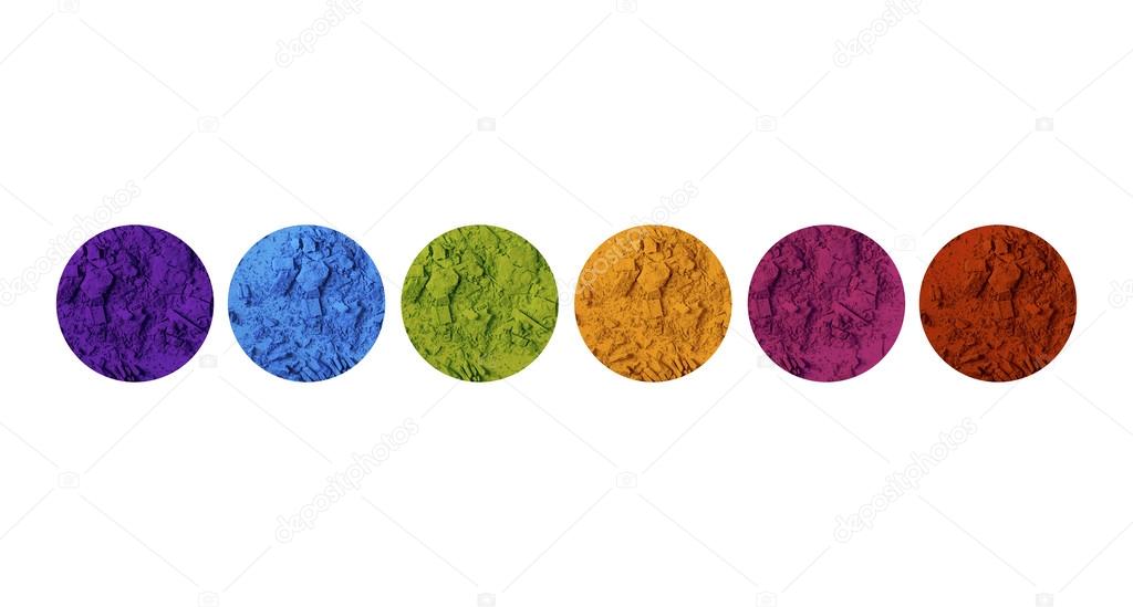 Rainbow makeup color palette with broken eyeshadows on white background