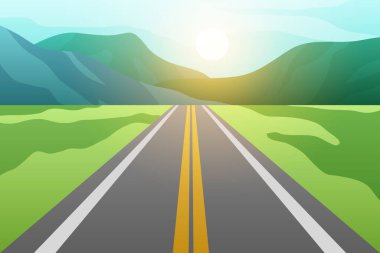 Tarlalı asfalt yol ve günbatımlı dağlar