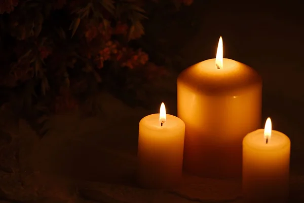 Velas ardientes con flores en el fondo —  Fotos de Stock