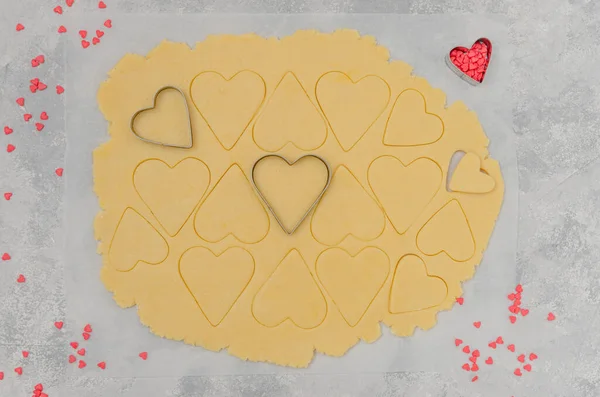 Layer Shortbread Dough Cut Hearts Valentine Day Recipe Step Step — Stock Photo, Image