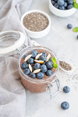 Çikolotalı puding, yaban mersinli, bademli ve nane şekerli gri beton arka planda cam bir kavanozda. Sağlıklı yiyecekler. Boşluğu kopyala