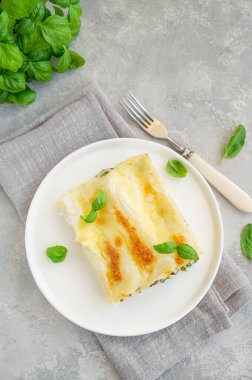 Geleneksel İtalyan cannellonisi, ricotta ve beşamel soslu ıspanak ve gri beton arka planda beyaz bir tabakta taze fesleğen yaprağı. Vejetaryen yemeği. Boşluğu kopyala