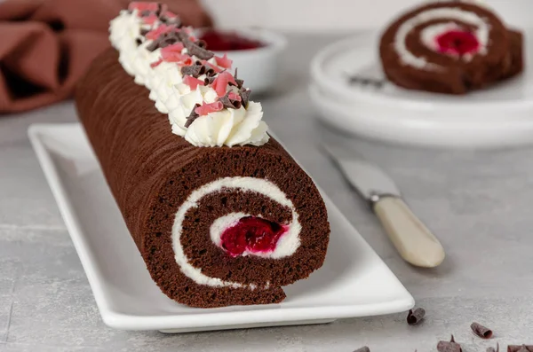 Black Forest Chocolate Cake Roll Whipped Cream Cherry Filling Gray — Stock Photo, Image