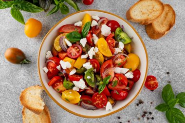 Taze renkte domates salatası, kırmızı soğan, taze fesleğen ve kase içinde peynir. Yaz salatası. Üst görünüm