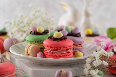 Çikolata yuvası ve yumurta şeklindeki şekerlemelerle süslenmiş paskalya kurabiyeleri beton arka planda beyaz bir tabakta. Tatlı bir Paskalya tatlısı. Boşluğu kopyala