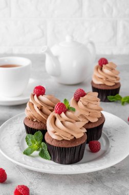 Kremalı çikolatalı kekler taze ahududu ve gri beton arka planda nane yapraklarıyla süslenmiş. Lezzetli bayram tatlısı.