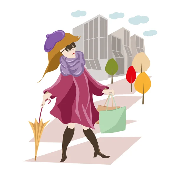 Een slanke vrouw in modieuze jas voor herfst stad straat — Stockvector