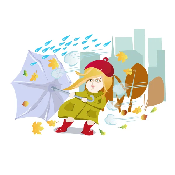 Κορίτσι με ομπρέλα στο ένα άσχημο καιρό έρχεται στην πόλη φθινόπωρο — Διανυσματικό Αρχείο
