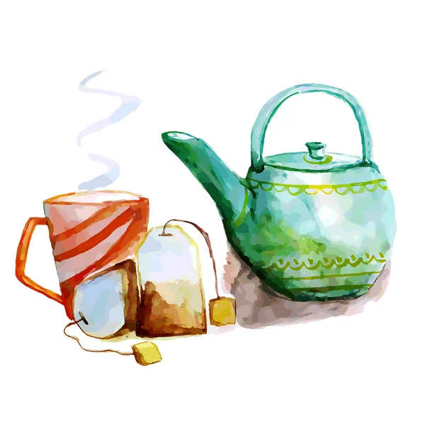 Teapot with a cup of tea and poured tea bags — Stockvector