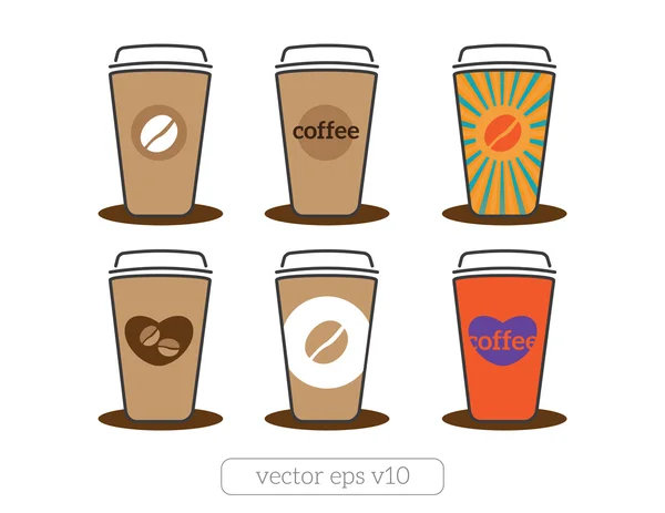 Tazas de café iconos con granos de café, corazón, texto Vector ilustración diseño plano — Archivo Imágenes Vectoriales