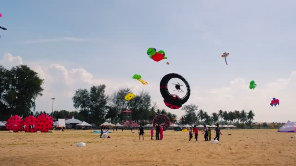 Kinder stehen in der Nähe von großen Drachen, die am Strand fliegen — Stockvideo
