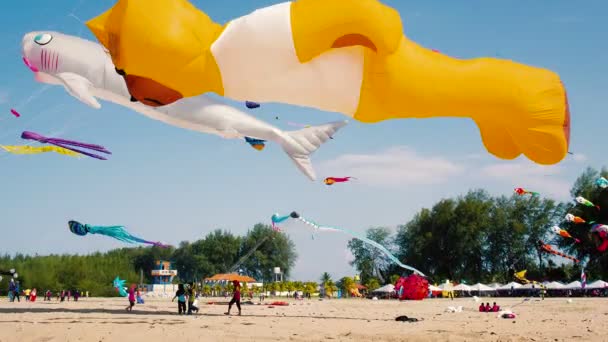 Великий ведмідь надувний помаранчевий і акула повітряних зміїв польоту на пляжі — стокове відео