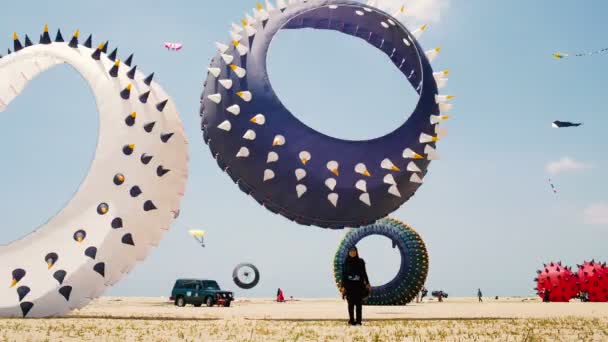 Великий спінінг Bol повітряних зміїв круглої форми летять . — стокове відео